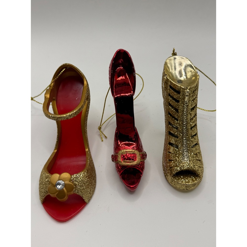 3pc High Heel Shoe Christmas Ornaments Gold Glitter Red Metallic Fashion Set